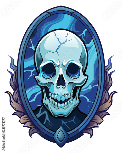 A spectral skull, partially obscured by cracks, slowly emerges from a shattered antique mirror's reflection.  Eerie, ghostly light illuminates the scene.