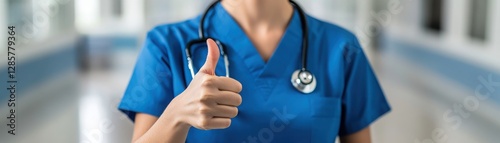 A healthcare worker in blue scrubs giving a thumbs-up gesture, showcasing positivity and professionalism in a medical environment.