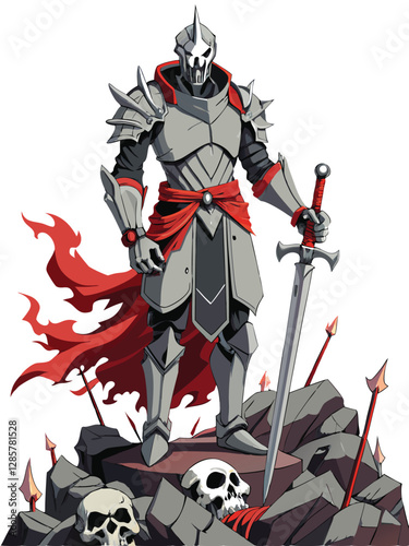 A brooding gothic knight, clad in dark armor, stands amidst crumbling ruins, his sword broken, a melancholic expression etched on his face.