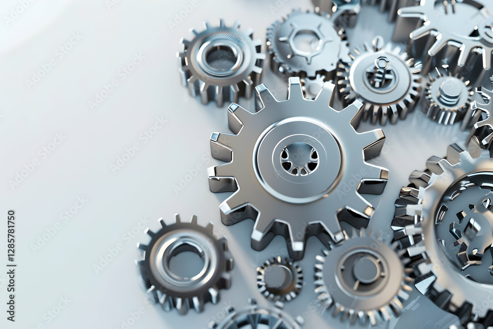 Close-up of shiny metallic gears arranged artistically on a reflective surface Close-up of shiny metallic gears arranged artistically on a reflective surface