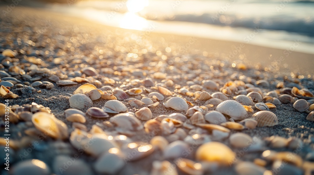 Obraz premium Sunlit seashells on sandy beach with ocean waves in background at sunset