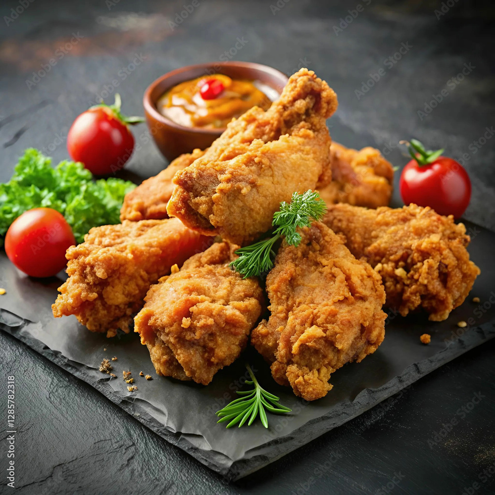 Crispy Kentucky fried chicken pieces arranged on a black slate background, Crispy Kentucky fried chicken pieces arranged on a black slate background,