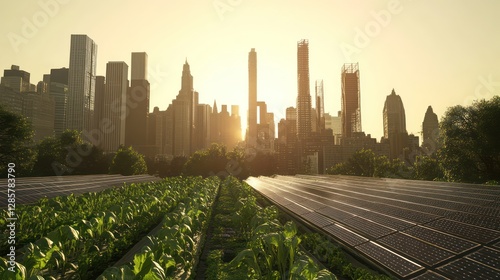 A solar-powered urban farm network where robots manage food production and distribution, ensuring sustainability and security for growing city populations. photo