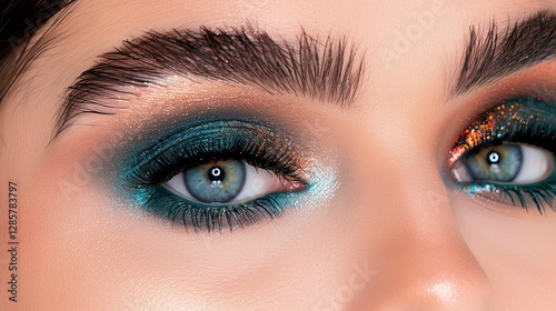 A striking icy makeup look highlights shimmering silver eyeshadow paired with frosty blue eyeliner, capturing a winter theme with glittering highlighter and bold lashes