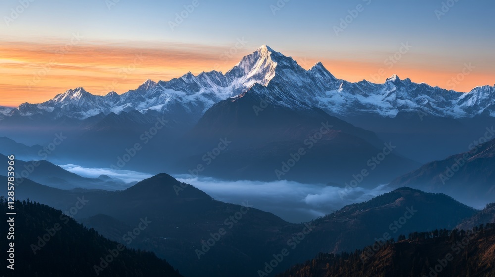 Snowy mountain range at sunrise. Majestic peaks. Vast landscape. Perfect for travel inspiration, motivational posts, wallpapers