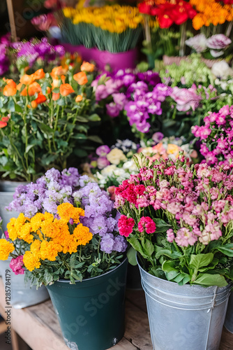 Wallpaper Mural Colorful Variety of Vibrant Flowers in Metal Buckets at Florist Shop Display : Generative AI Torontodigital.ca