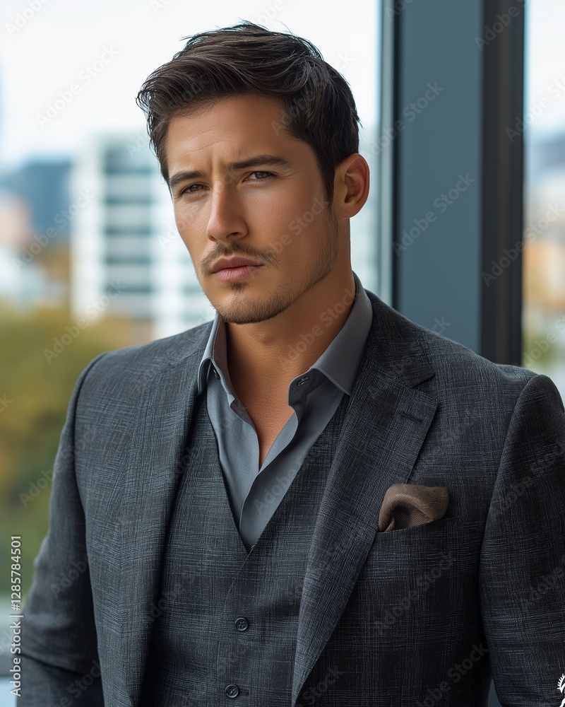 Portrait of man wearing tailored suit in modern office setting, exuding confidence and style. Concept emphasizes man wearing tailored suit, showcasing professionalism and elegance Portrait of man wearing tailored suit in modern office setting, exuding confidence and style. Concept emphasizes man wearing tailored suit, showcasing professionalism and elegance