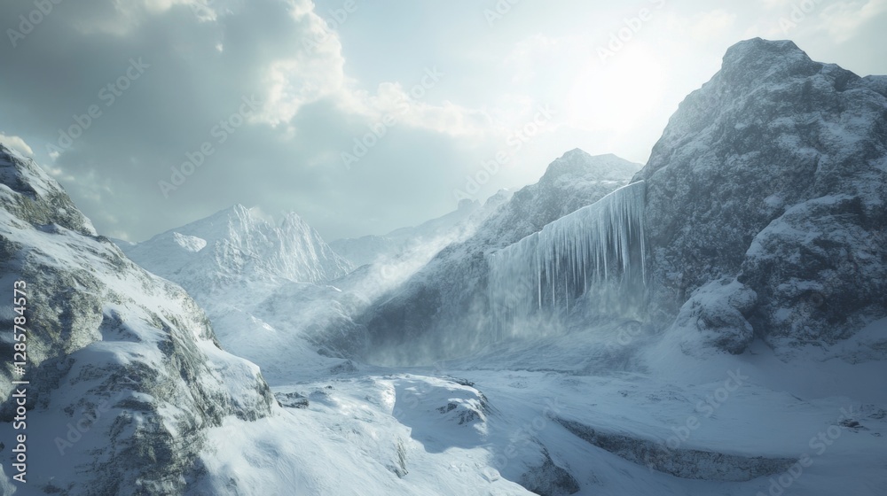 Obraz premium Snowy mountain range landscape, glacial waterfall, serene winter scene, background for travel/adventure, inspiring nature