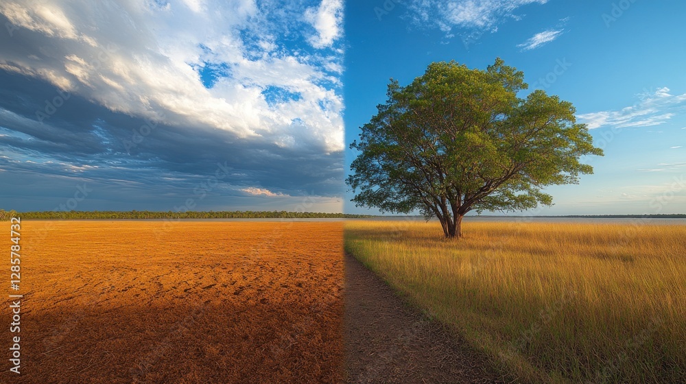 Fototapeta premium Divided landscape, dry vs. lush, tree, path, contrasting weather
