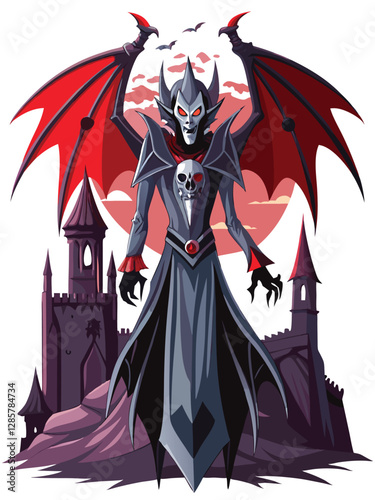 A brooding gothic vampire, pale skin, sharp fangs, dark clothing, large bat-like wings spread wide, standing before a crumbling gothic castle at night.