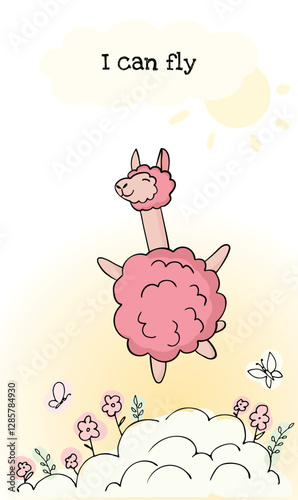 Cute llama in the clouds, flowers and text - I can fly. Isolated on gradient yellow-white background. Love card. Perfect for greeting card, banner, print. Vector illustration.