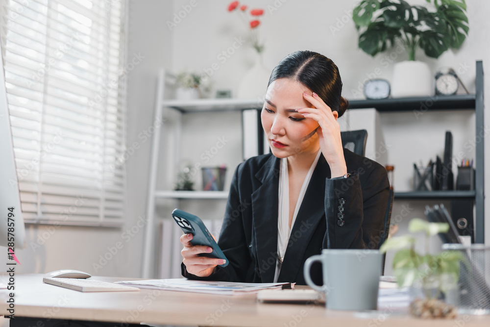 Focused asian businesswoman in modern office looks at her smartphone while working. Focused asian businesswoman in modern office looks at her smartphone while working.