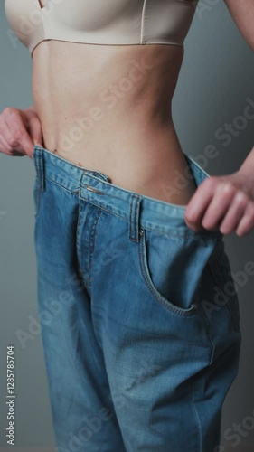 Vertical Format Video of Woman Losing Weight After Diet, Slim Down, Burning Fat and Flat Waist. Thin Girl Show Weight Loss and Old Big Jeans. Skinny Female Belly Wearing Too Large Pants