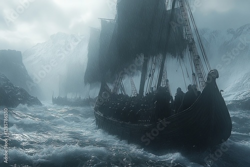 Viking ships navigate through a misty fjord with icy mountains in the background during dawn photo