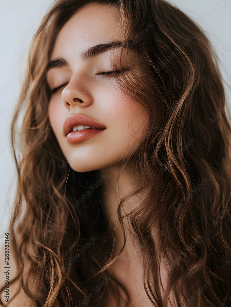 Beautiful Young Woman with Wavy Brown Hair and Serene Expression Close Up Portrait : Generative AI Beautiful Young Woman with Wavy Brown Hair and Serene Expression Close Up Portrait : Generative AI