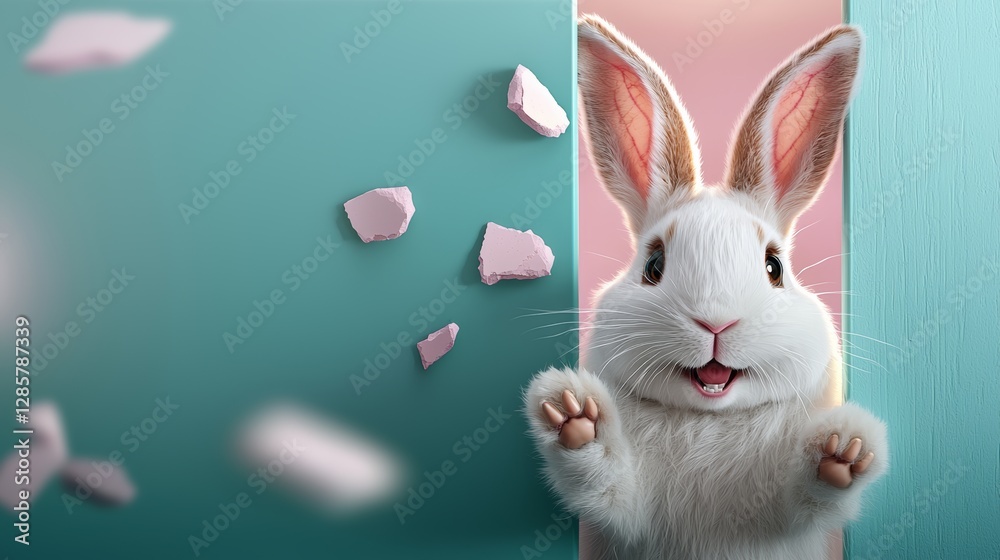 Fototapeta premium Cartoon rabbit is looking out of a door. The rabbit is smiling and he is happy
