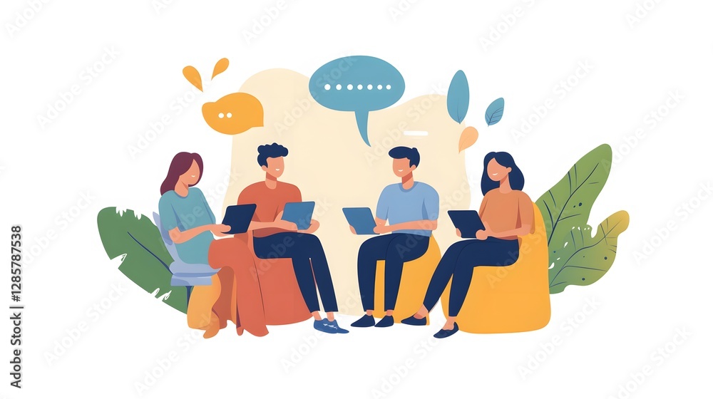 Group of Friends Engaging in Conversation with Laptops and Tablets Group of Friends Engaging in Conversation with Laptops and Tablets