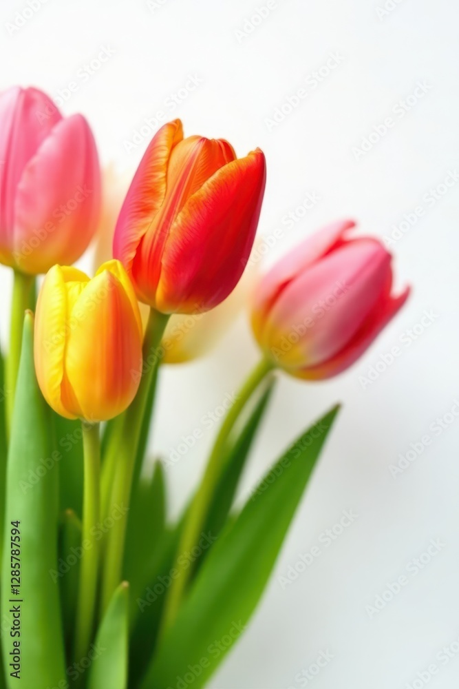 Close-up of multicolored tulips against pure white backdrop , multicolored, flower Close-up of multicolored tulips against pure white backdrop , multicolored, flower