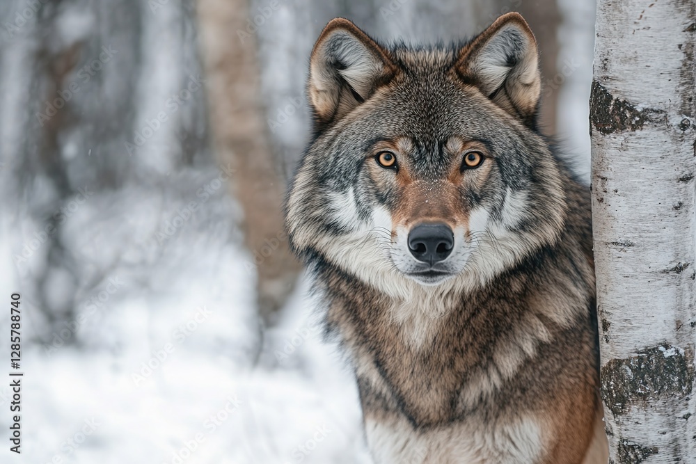 The Enigmatic Gaze: A Wolf's Winter Portrait in the Birch - Laden Forest The Enigmatic Gaze: A Wolf's Winter Portrait in the Birch - Laden Forest