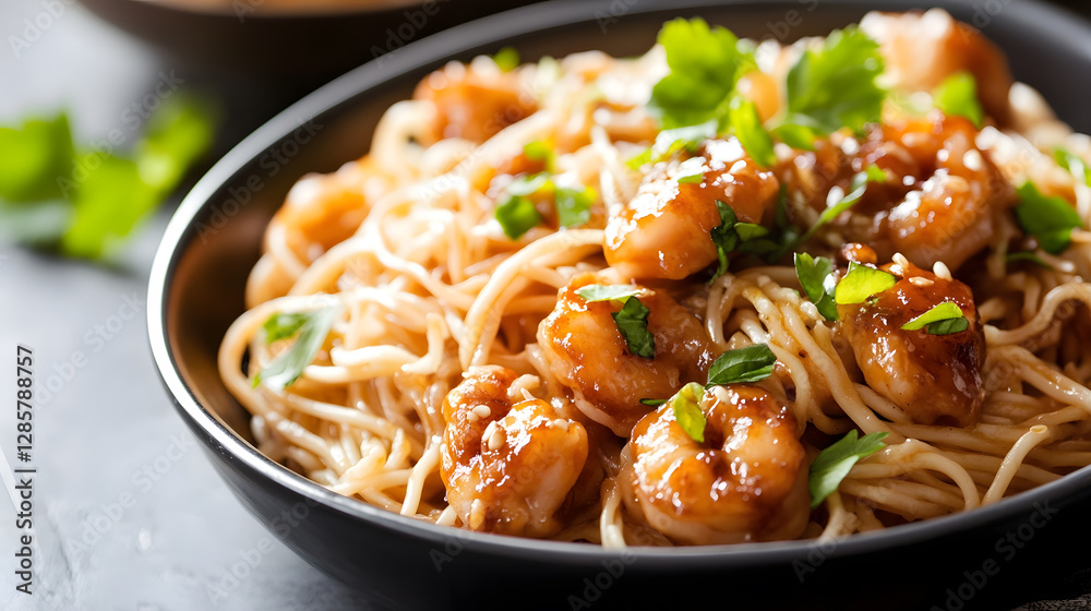 Delicious Shrimp Stir Fry with Noodles and Fresh Herbs in Black Bowl : Generative AI Delicious Shrimp Stir Fry with Noodles and Fresh Herbs in Black Bowl : Generative AI