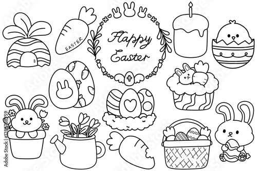 set of easter elements doodle outline