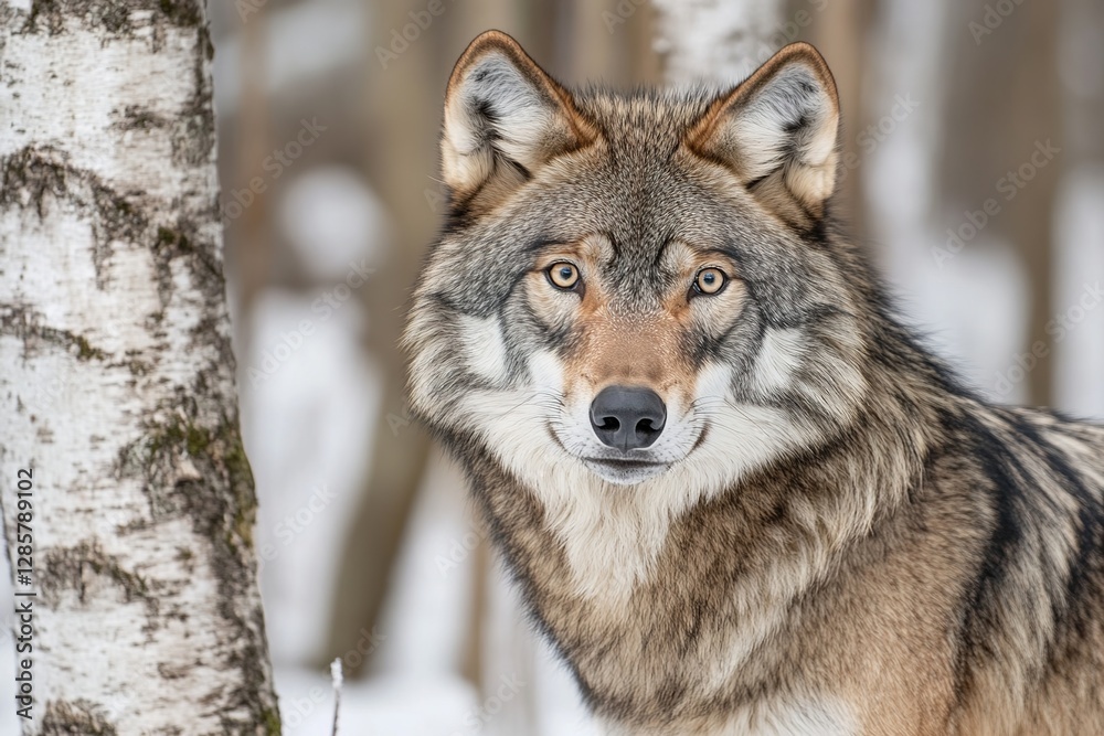 The Enigmatic Gaze: A Wolf's Winter Portrait in the Birch - Laden Forest The Enigmatic Gaze: A Wolf's Winter Portrait in the Birch - Laden Forest