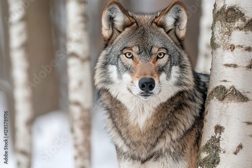 The Enigmatic Gaze: A Wolf's Winter Portrait in the Birch - Laden Forest