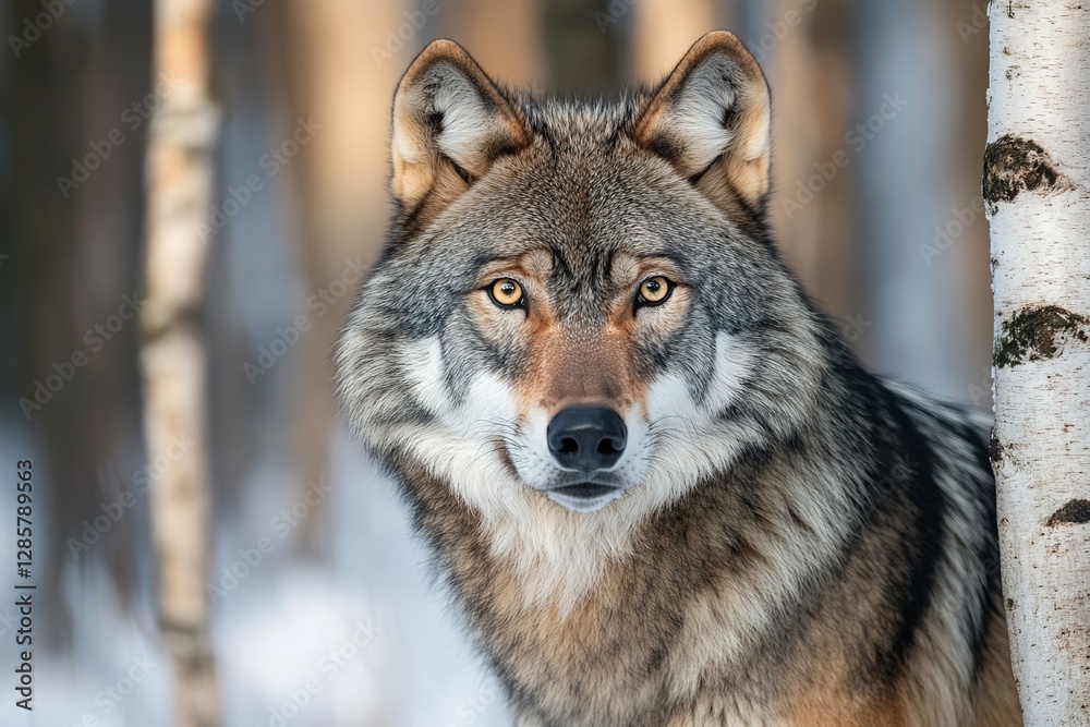 The Enigmatic Gaze: A Wolf's Winter Portrait in the Birch - Laden Forest The Enigmatic Gaze: A Wolf's Winter Portrait in the Birch - Laden Forest
