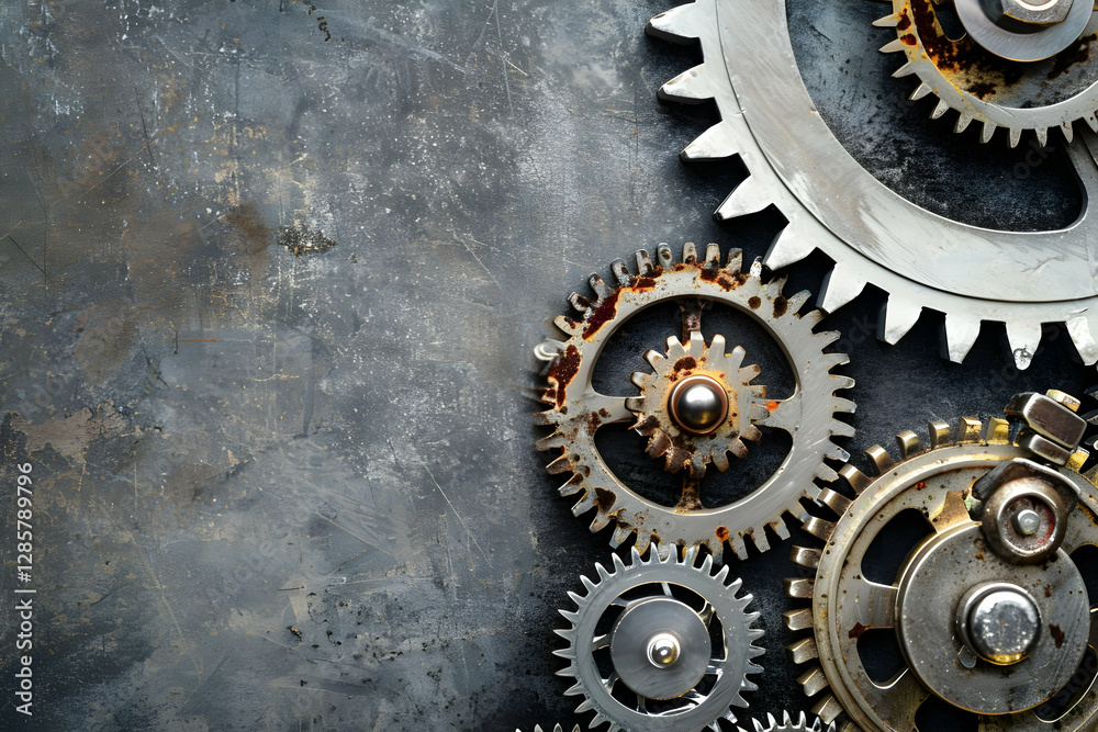 Close-up view of various rusty gears arranged on a textured metal background, showcasing intricate machinery Close-up view of various rusty gears arranged on a textured metal background, showcasing intricate machinery