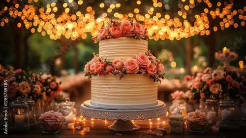 Elegant wedding cake outdoors at night