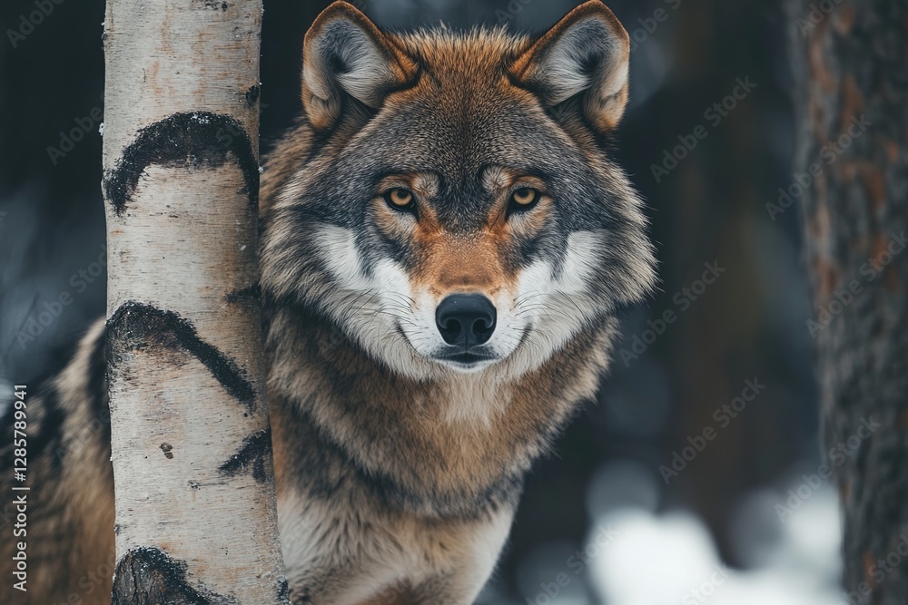 Fototapeta premium The Enigmatic Gaze: A Wolf's Winter Portrait in the Birch - Laden Forest