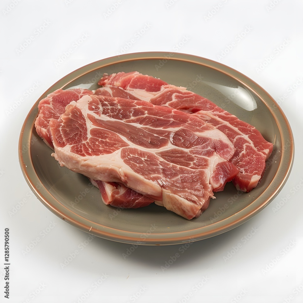 Freshly Prepared Raw Pork Bacon Slab on Plate with Natural Lighting Freshly Prepared Raw Pork Bacon Slab on Plate with Natural Lighting