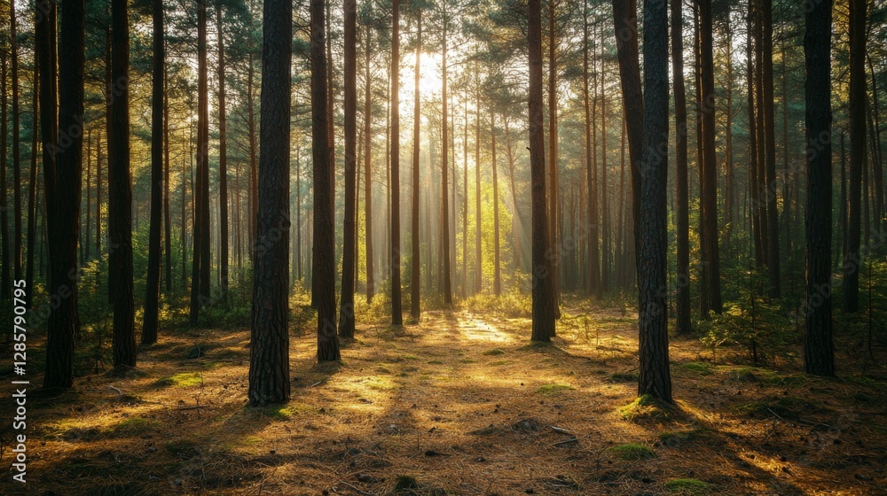 Sunlight streams through a pine forest. Possible use Nature photography showcasing the beauty of a forest Sunlight streams through a pine forest. Possible use Nature photography showcasing the beauty of a forest