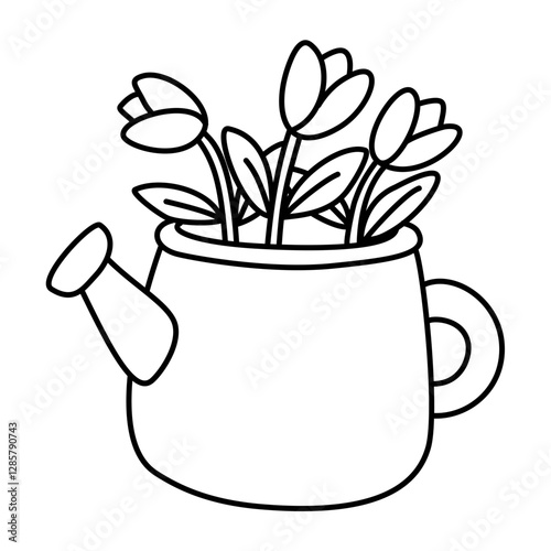 Watering can with flowers doodle outline