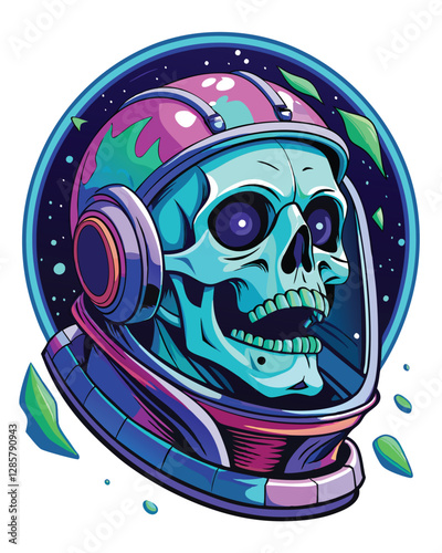 A decaying astronaut skull, embedded within a shattered spaceship's wreckage, amidst the desolate void of space.  Eerie, atmospheric lighting highlights the skull's details.