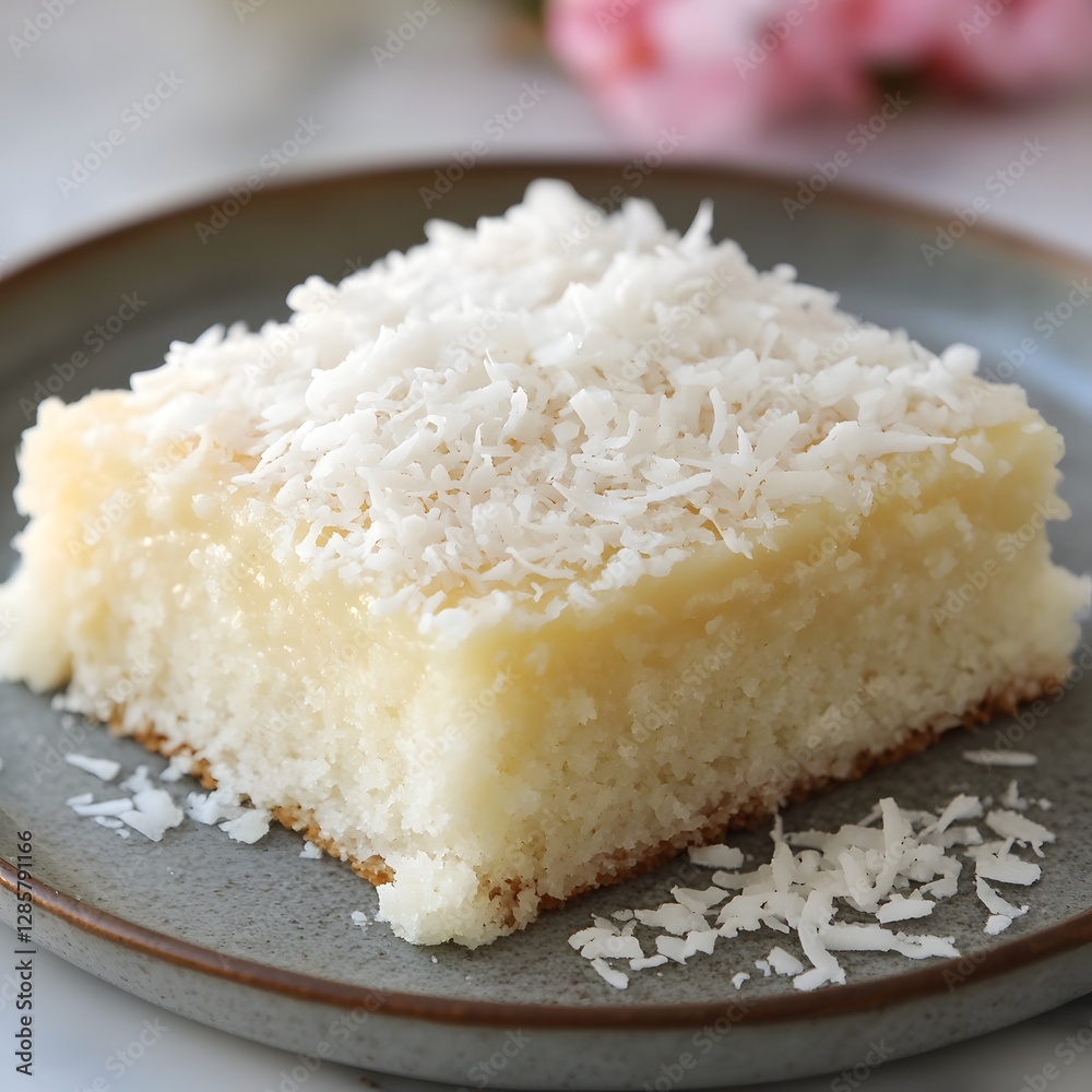 Squared Coconut Cake Slice with Shredded Coconut Topping on Plate Squared Coconut Cake Slice with Shredded Coconut Topping on Plate