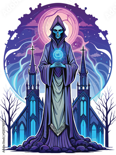 A spectral saint, veins glowing eerily, stands in a crumbling gothic French monastery, haunted and sorrowful.