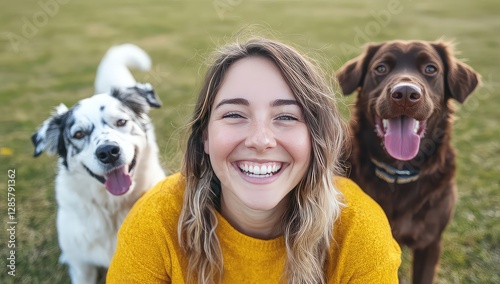 Happy Woman with Dogs in a Park Setting