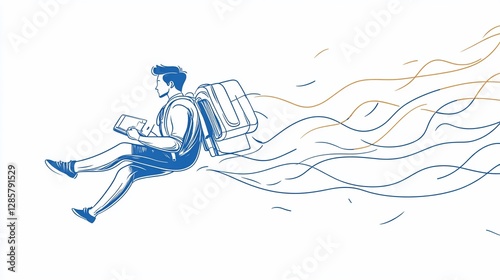 Student flying with backpack, using tablet, fast motion lines.