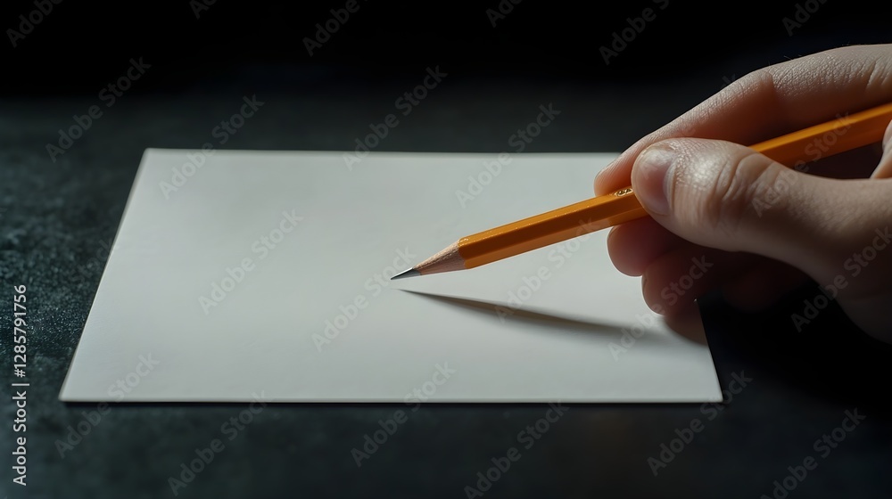 Drawing Pencil Held Over Blank Sheet of Paper for Sketching or Writing on a Dark Workspace Surface Drawing Pencil Held Over Blank Sheet of Paper for Sketching or Writing on a Dark Workspace Surface