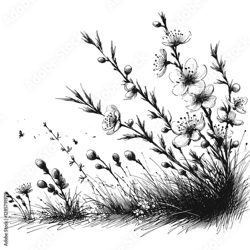 Line art drawing of spring season nature landscape ink sketch vector hand drawn illustration background