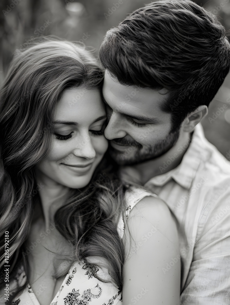 Intimate black and white portrait of loving couple embracing in serenity : Generative AI Intimate black and white portrait of loving couple embracing in serenity : Generative AI