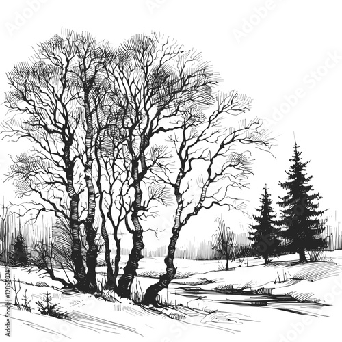 Line art drawing of winter season nature landscape ink sketch vector hand drawn illustration background