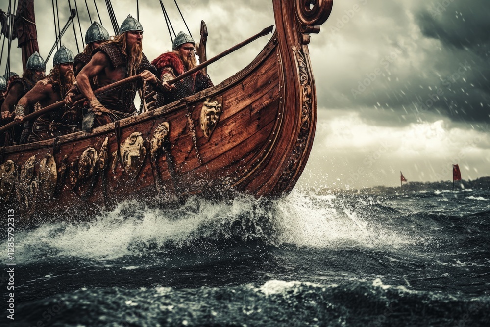 Obraz premium Vikings navigate stormy waters in a longship while preparing for battle on a dark, overcast day