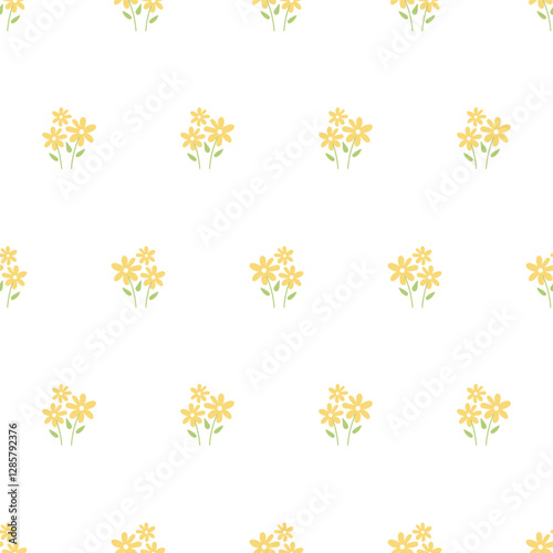 Seamless floral pattern. Trendy floral background with small flowers for wallpaper and garment in liberty style. Small yellow bouquets scattered over white background. Vector for printing on surfaces