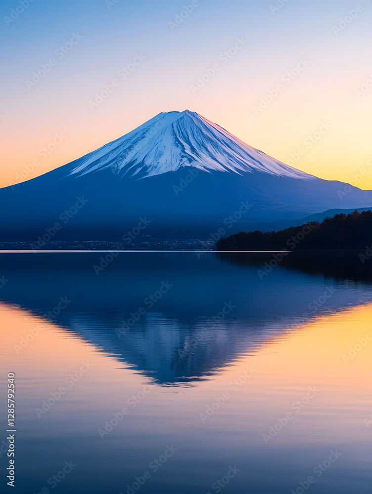 Serene view of Mount Fuji reflected in calm lake during vibrant sunset : Generative AI Serene view of Mount Fuji reflected in calm lake during vibrant sunset : Generative AI