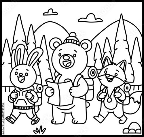 Cute Animal Adventurers, Forest Exploration Coloring Page
