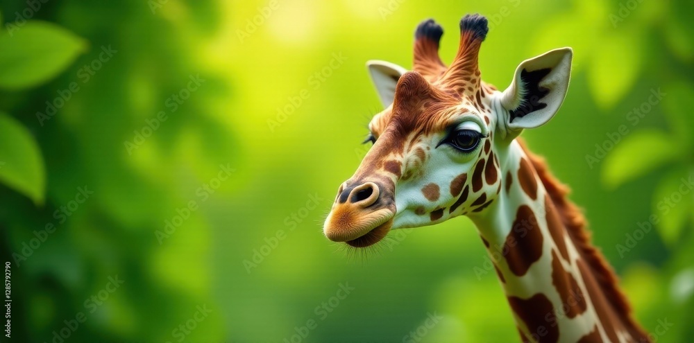 Obraz premium Giraffe's gentle gaze, soft focus green leaves, spots, serene
