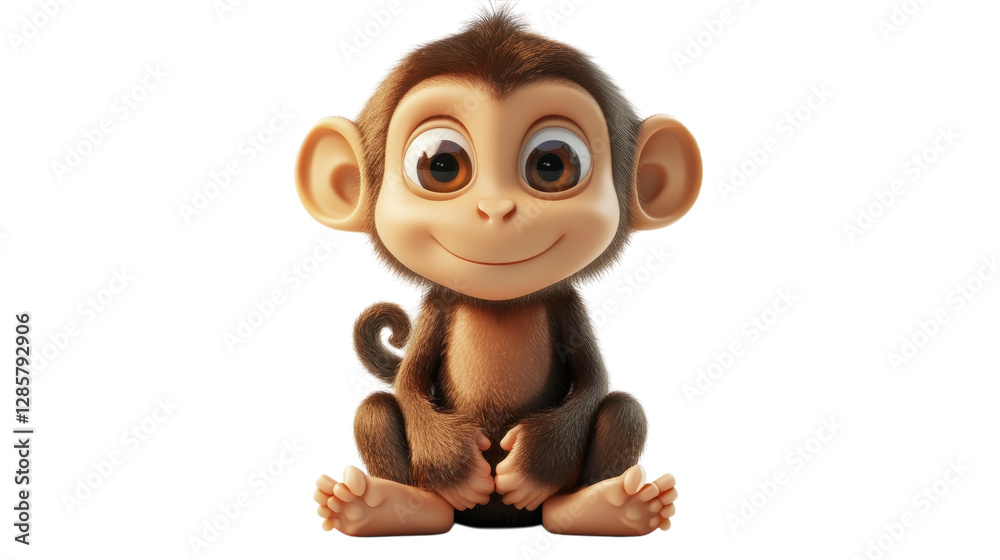 Naklejka premium Cute cartoon monkey sitting happily with a friendly expression and big eyes in a playful pose