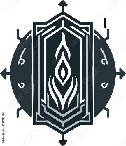 A striking abstract design featuring a geometric frame enclosing a stylized flame or eternal flame symbol. The design incorporates circular elements, arrows, and intricate line work, creating a modern